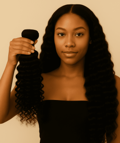 Model holding a Curly Virgin Remy Human Hair bundle showing soft defined curls and rich shine.