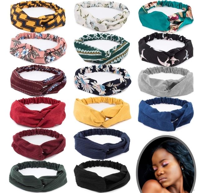 16 Pcs Floral Bandeau Headbands for Women. Boho Headbands Elastic Hair Bands Criss Cross Twisted Head Wrap with 1PC Pouch Bag