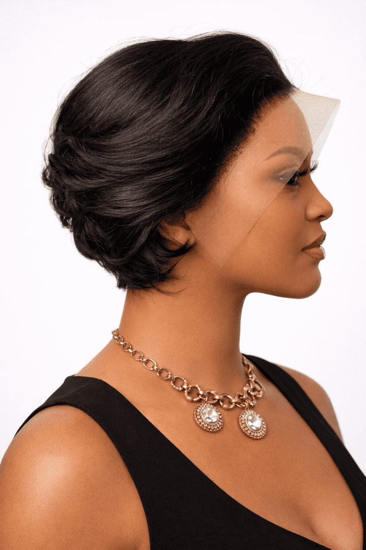 Short pixie human hair wig side view showing layered volume and seamless Frontal lace blend
