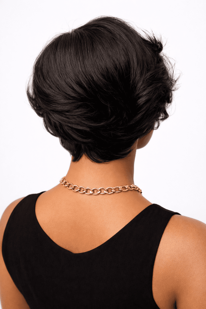 Short pixie wig back view showing tapered nape and full crown volume human hair wig