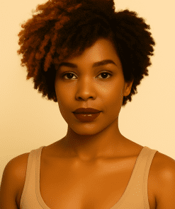 Model wearing a short Afro Faux Locs Wig with soft curls and brown highlights, showcasing a natural coily dreadloc texture.