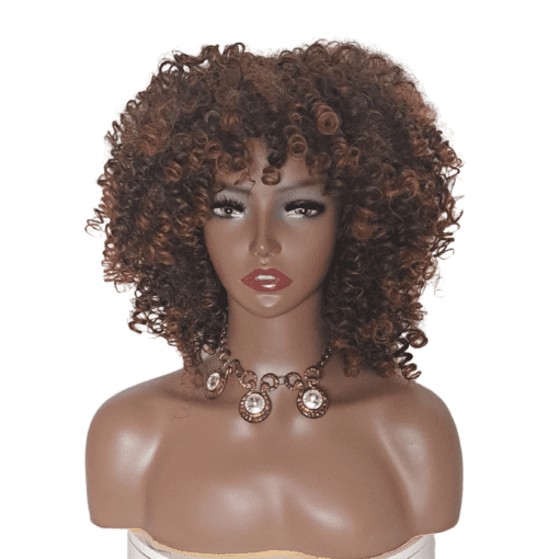 14 inch Kinky Curl Ombre Brown Synthetic Wig with Bangs