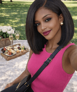 Side profile of 4C kinky straight lace front bob wig showing natural hairline and texture