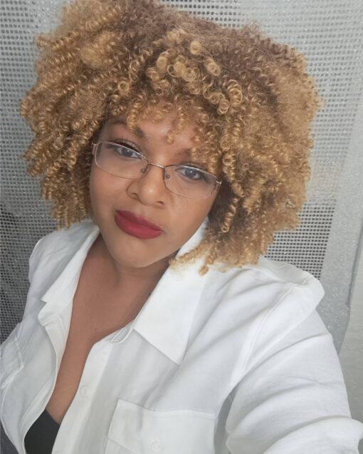 Blonde Curly Afro worn by BeDazzle Hair Sista CEO
