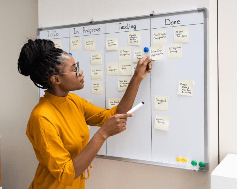 women strategizing on white board