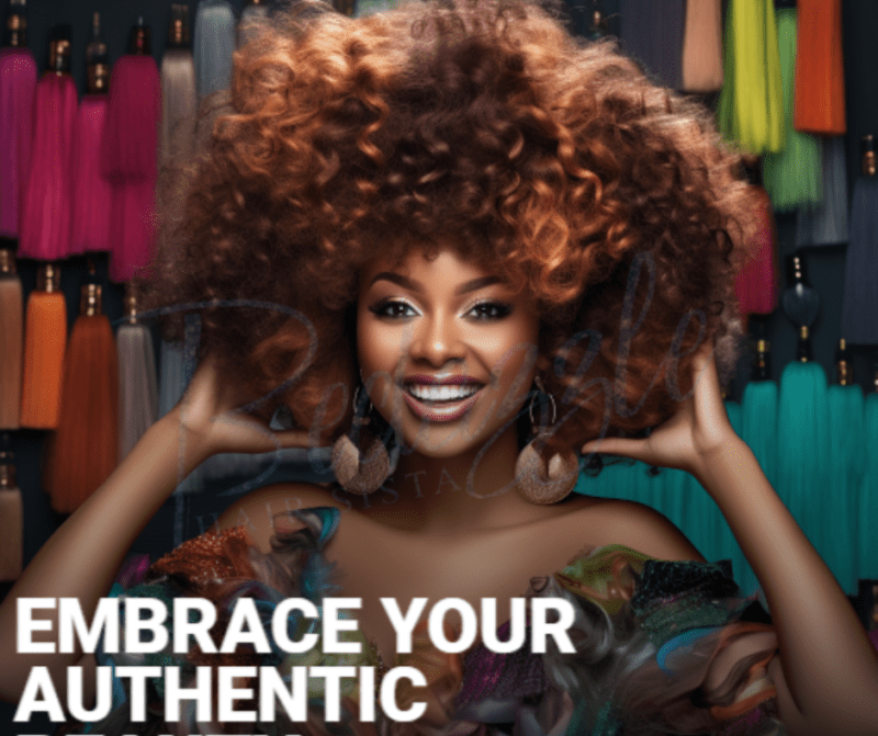 A black woman stands confidently with a hand on her head, surrounded by a variety of wigs of different lengths, textures, and colors. The background is a solid color, preferably black, and the lighting should be soft and natural, creating a warm atmosphere.