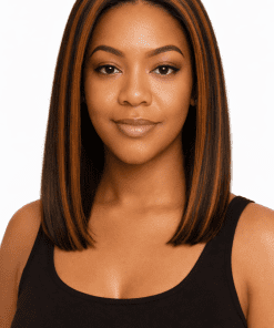 Yaki Straight Bob Wig with Brown Highlights | 100% Human Hair | Glueless Pre-Plucked HD Lace