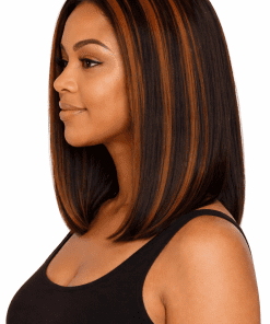 Yaki Straight Bob Wig with Brown Highlights | 100% Human Hair | Glueless Pre-Plucked HD Lace