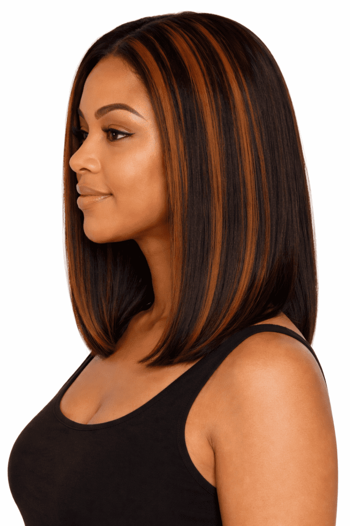 Yaki Straight Bob Wig with Brown Highlights | 100% Human Hair | Glueless Pre-Plucked HD Lace - Image 2