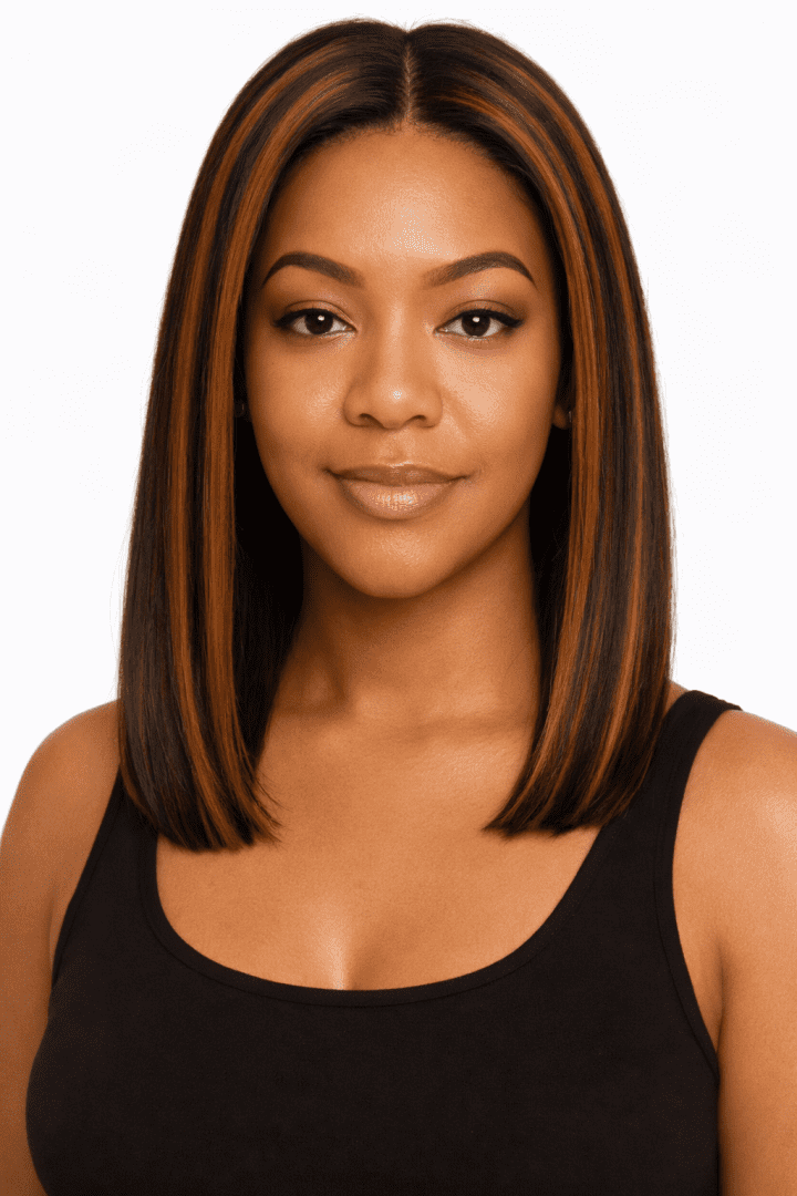 Yaki Straight Bob Wig with Brown Highlights | 100% Human Hair | Glueless Pre-Plucked HD Lace