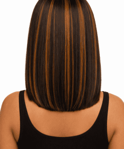 Yaki Straight Bob Wig with Brown Highlights | 100% Human Hair | Glueless Pre-Plucked HD Lace
