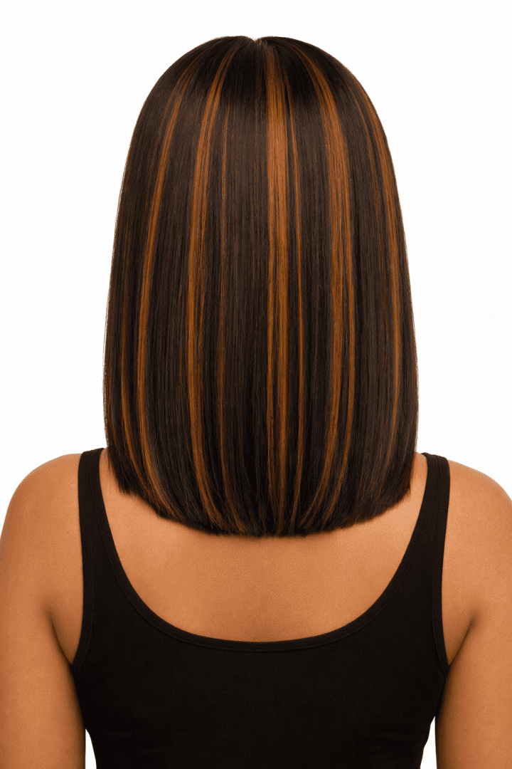 Straight bob wig with brown highlights back view