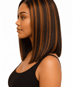 Yaki Straight Bob Wig with Brown Highlights | 100% Human Hair | Glueless Pre-Plucked HD Lace
