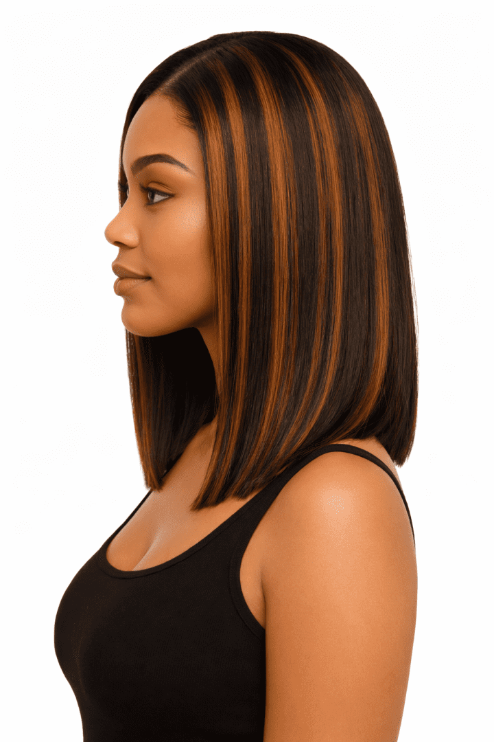Straight bob wig with brown highlights side view