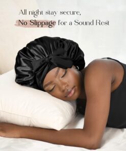 YANIBEST Satin Bonnet Silk Bonnet for Sleeping Double Layer Satin Lined Black Hair Bonnet with Tie Band Bonnets for Women Natural Curly Hair