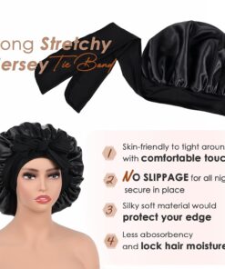 YANIBEST Satin Bonnet Silk Bonnet for Sleeping Double Layer Satin Lined Black Hair Bonnet with Tie Band Bonnets for Women Natural Curly Hair