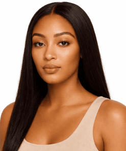 Yaki straight human hair glueless wig front view with HD lace natural hairline