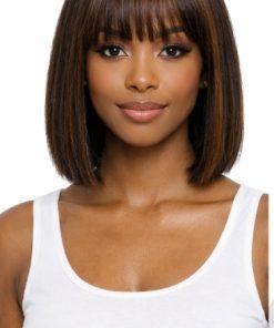 yaki straight blunt bob wig with bangs and brown highlights on Black woman model