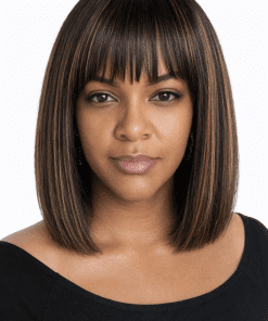 Yaki Straight Bob Wig with Bangs & Brown Highlights | 100% Human Hair