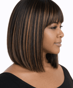 Yaki Straight Bob Wig with Bangs & Brown Highlights | 100% Human Hair