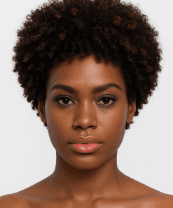 Curly Pixie Human Wig with Brown Highlights on model – natural short afro curly hairstyle.