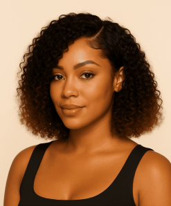 Model wearing a short kinky curl brown ombre human wig with natural curls soft brown highlights.