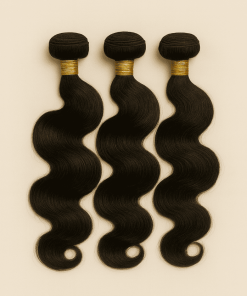 Three Body Wave Virgin Remy Human Hair bundles in natural black with soft wave pattern.