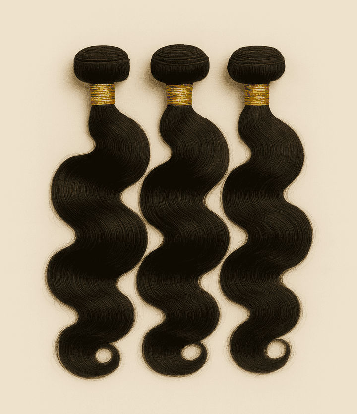 Three Body Wave Virgin Remy Human Hair bundles in natural black with soft wave pattern.