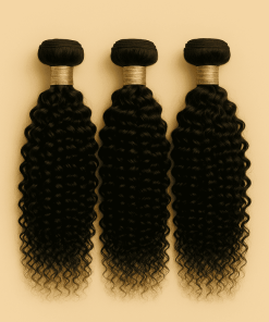 Three Kinky Curly Virgin Remy Human Hair bundles in natural black with tight spiral curls.
