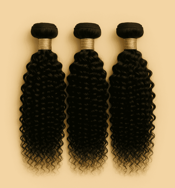 Three Kinky Curly Virgin Remy Human Hair bundles in natural black with tight spiral curls.