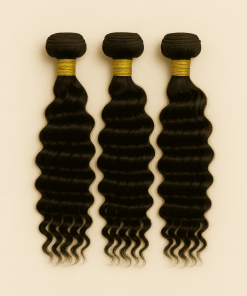 Three Deep Wave Virgin Remy Human Hair bundles in natural black, with soft, bouncy curls.