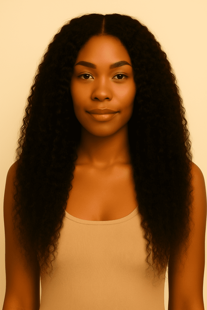 Model wearing Kinky Curly bundles in a full, natural afro-style look.