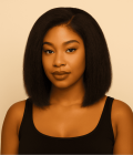 African-American woman wearing a 10-inch Kinky Straight 4C Bob Wig made of 100% human hair; natural textured blowout style with pre-plucked hairline, HD lace, and glueless fit.