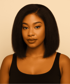 African-American woman wearing a 10-inch Kinky Straight 4C Bob Wig made of 100% human hair; natural textured blowout style with pre-plucked hairline, HD lace, and glueless fit.