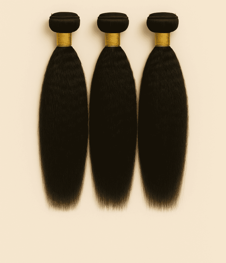 Three Kinky Straight Virgin Remy Human Hair bundles in natural black with realistic blowout texture.