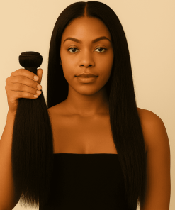 Model wearing and holding Kinky Straight Virgin Remy Human Hair bundle, natural blowout texture.