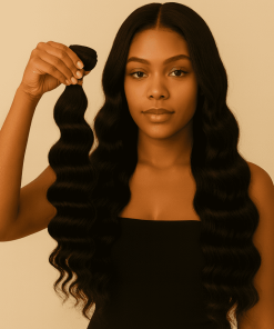 Model holding a 100% Virgin Remy Loose Wave bundle with soft “S” pattern and natural black shine.