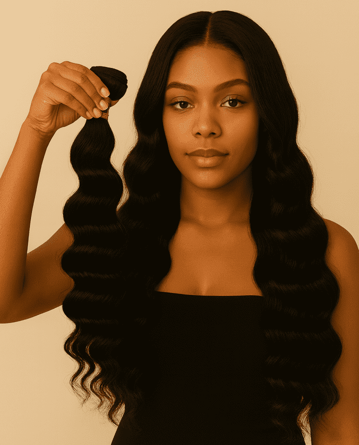 Model holding a 100% Virgin Remy Loose Wave bundle with soft “S” pattern and natural black shine.