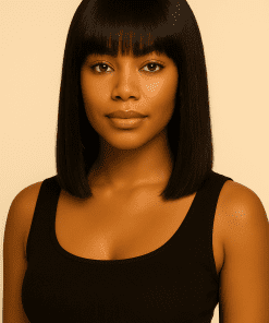 African-American woman wearing a natural black straight bob wig with full bangs, showing sleek shoulder-length style against a beige studio backdrop.