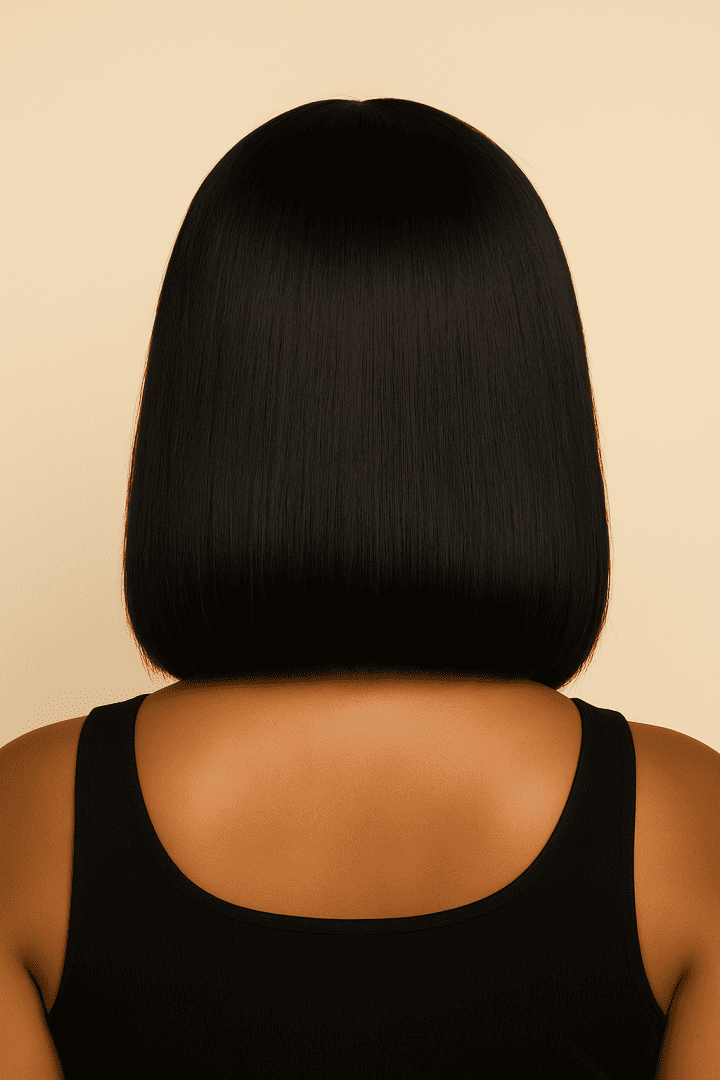 Back view of natural black straight bob wig with bangs, showing sleek straight strands and a clean blunt edge.