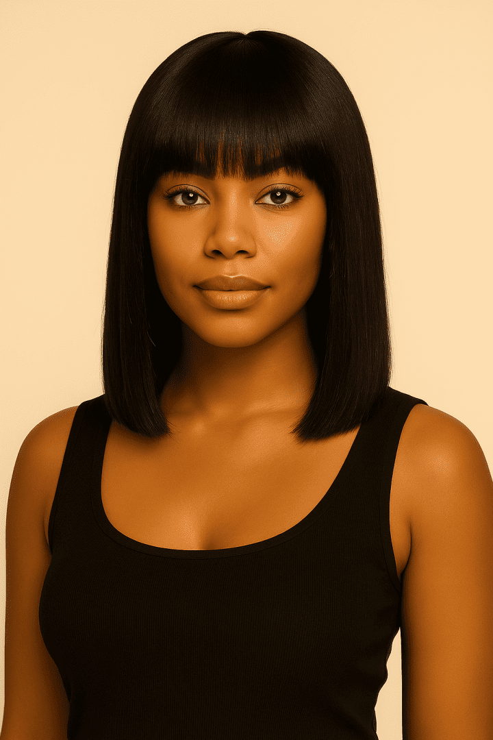 African-American woman wearing a natural black straight bob wig with full bangs, showing sleek shoulder-length style against a beige studio backdrop.