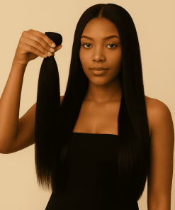 Model holding a silky Natural Straight Virgin Remy hair bundle in natural black.