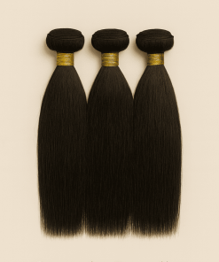 Three Yaki Relaxed Straight Virgin Remy bundles in natural black color, silky with subtle texture.