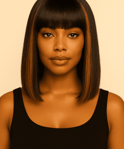 Front view of Yaki Straight Bob Wig with bangs and subtle brown highlights on model wearing black top – BeDazzle Hair Sista