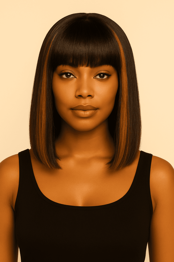 Front view of Yaki Straight Bob Wig with bangs and subtle brown highlights on model wearing black top – BeDazzle Hair Sista