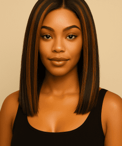Yaki Straight Bob Wig with Brown Highlights – sleek natural-looking human hair bob with soft brown streaks.