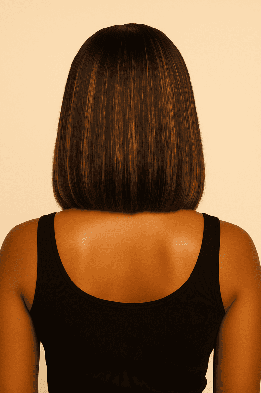 Rear view of Yaki Straight Bob Wig featuring even blunt cut and glossy brown streaks.