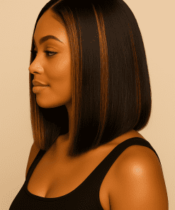 Yaki Straight Bob Wig with Brown Highlights | 100% Human Hair | Glueless Pre-Plucked HD Lace
