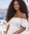 Woman wearing deep wave glueless lace front wig for vacation and everyday wear