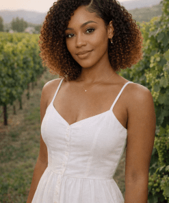 Ombre Brown Curl Lace Front - Model Lifestyle front view in Vineyard